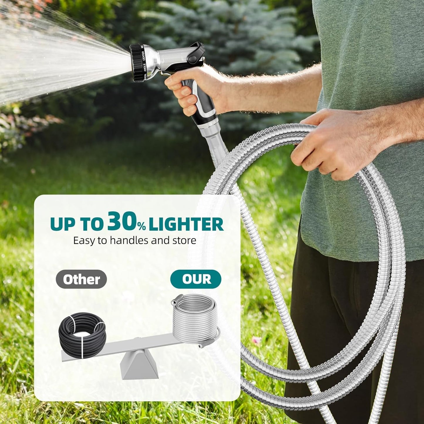 Stainless Steel Garden Water Hose 100 ft with Swivel Handle
