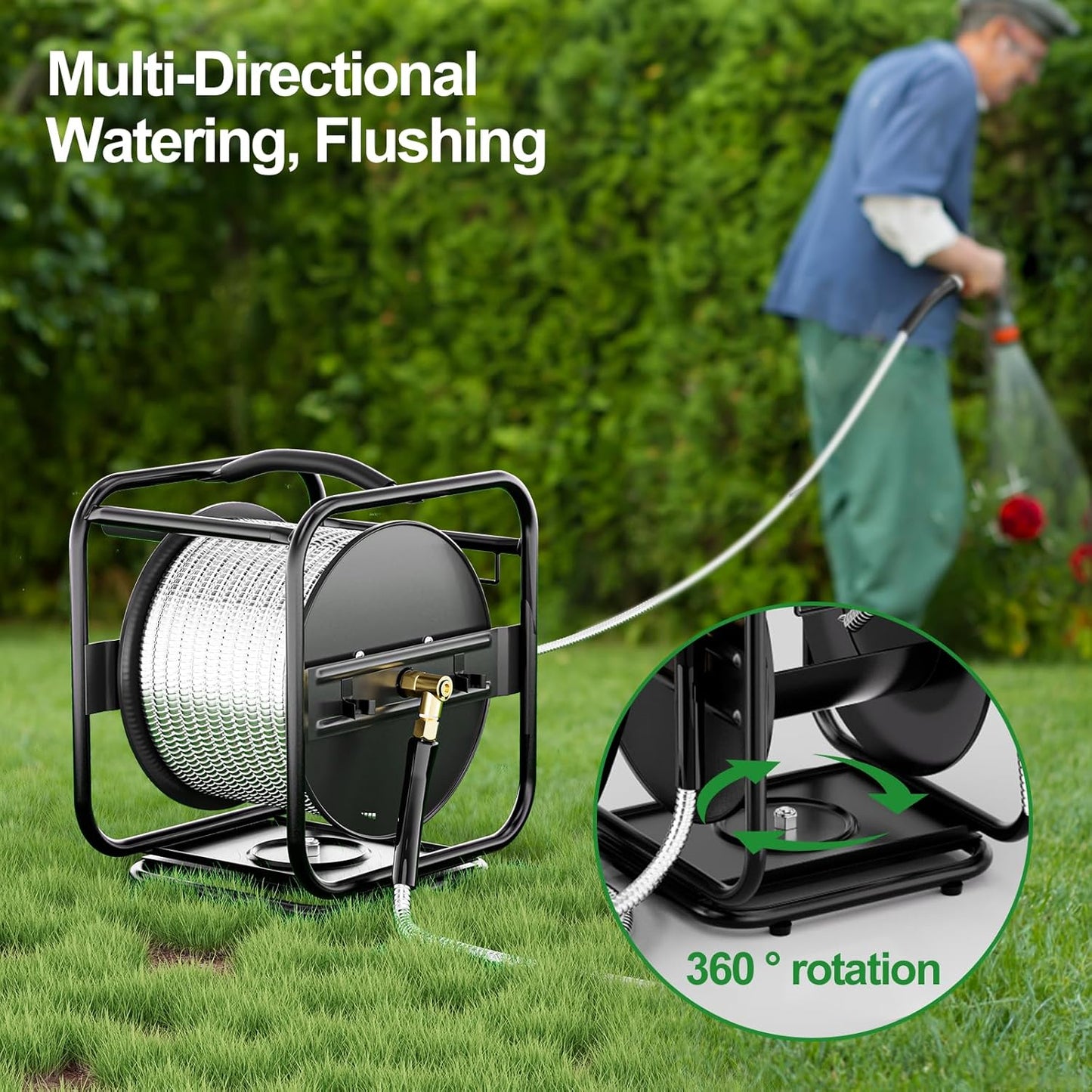 Metal Garden Hose Reel With 100 Ft 304 Stainless Steel Hose & Aluminum Nozzle, Wall Mount/Floor Spool