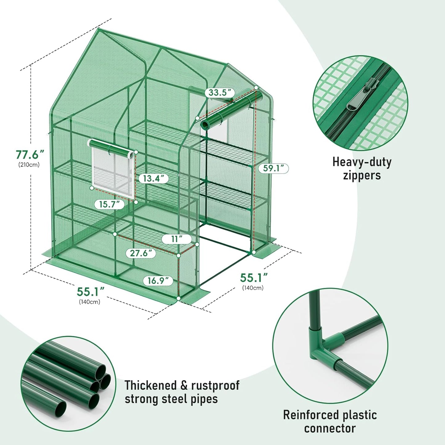 Walk-in Greenhouse with Thicken PE Cover and Steel Frame, 56×56×78Inch