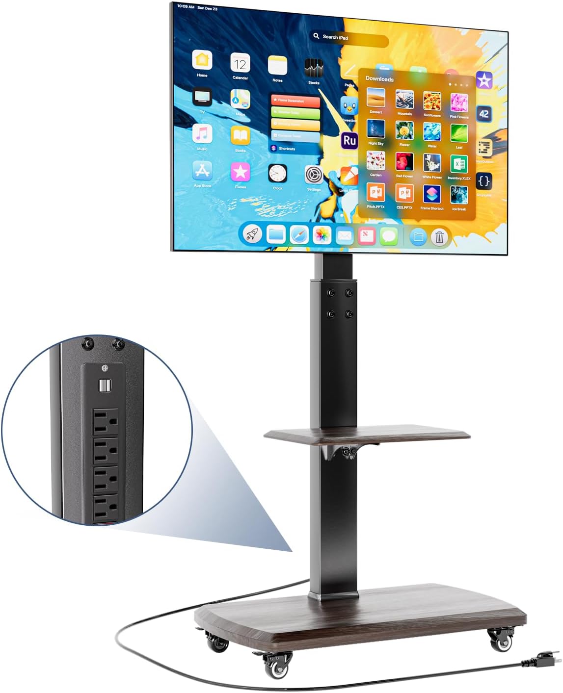 Rolling TV Stand with Power Outlet, Moveable TV Cart with Shelf for 32 to 80 inch TVs up to 131lbs, Height Adjustable, Portable Mobile TV Stand on Wheels for Living Room, Bedroom, Office, Brown