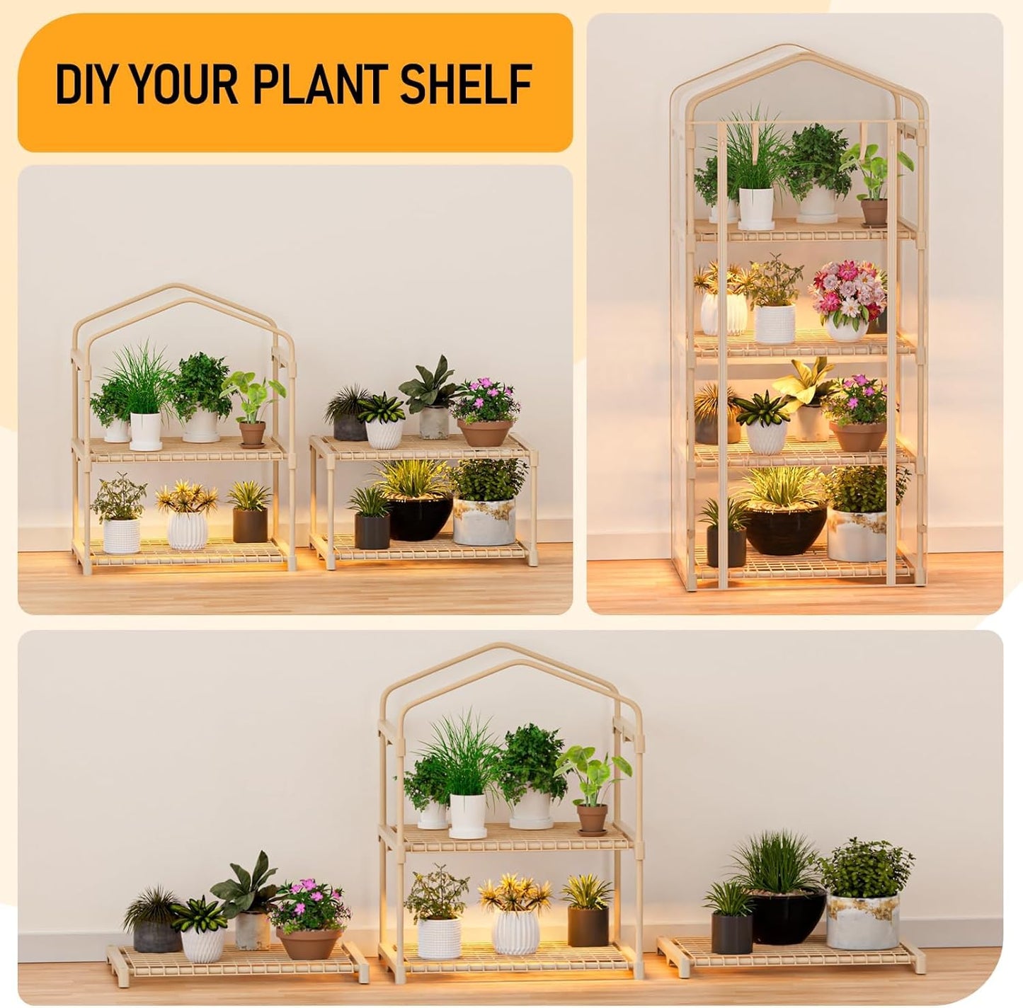 4 Tiers Indoor/Outdoor Mini Greenhouse with Zip, PVC Cover and Dimmable 45W Full Spectrum Plant Light with Timer