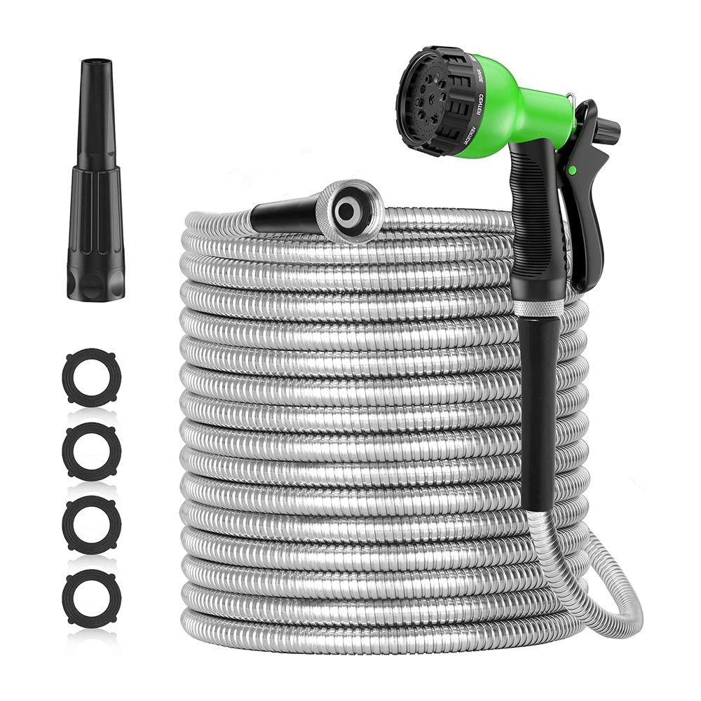 75ft 304 Stainless Steel Garden Hose Metal, Heavy Duty Water Hoses with 2 Nozzles for Yard