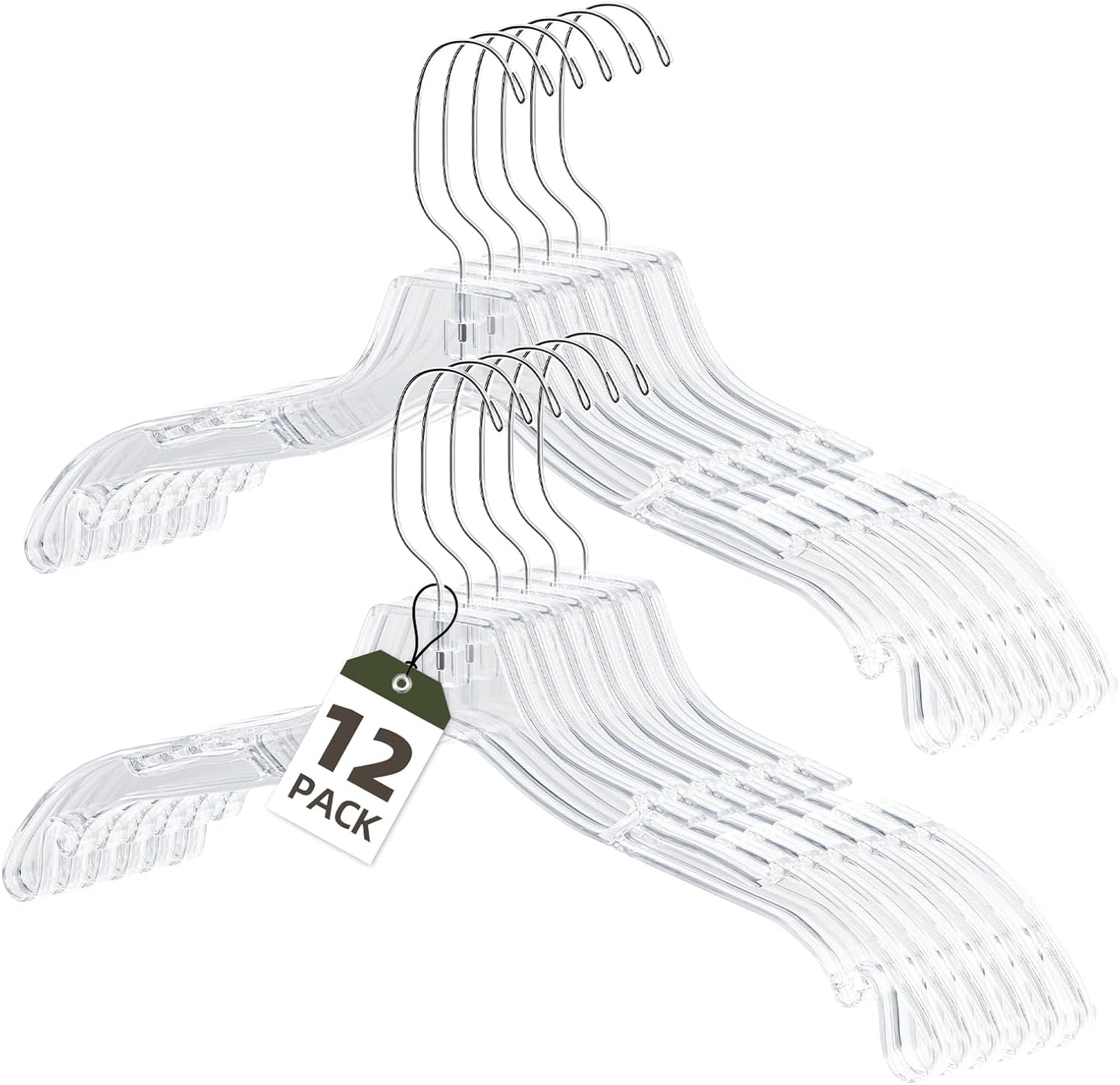 Clear Plastic Hangers 12 Pack, Heavy Duty Clothes Hangers with 360° Swivel Hook, 2.1" Ultra-Wide Non-Slip Notches & Non-Slip Grips for Dresses, Shirts, Coats, Suits