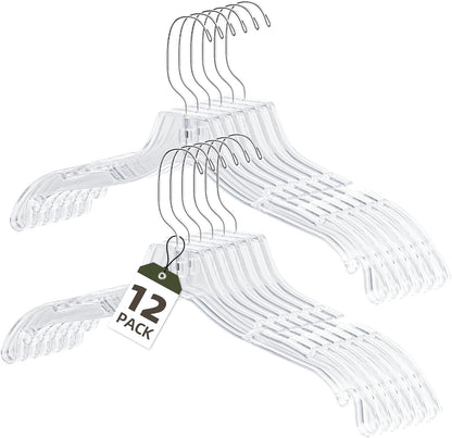 Clear Plastic Hangers 12 Pack, Heavy Duty Clothes Hangers with 360° Swivel Hook, 2.1" Ultra-Wide Non-Slip Notches & Non-Slip Grips for Dresses, Shirts, Coats, Suits
