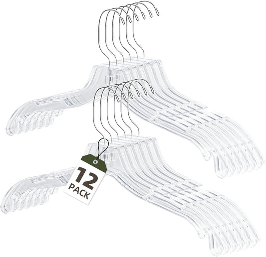 Clear Plastic Hangers 12 Pack, Heavy Duty Clothes Hangers with 360° Swivel Hook, 2.1" Ultra-Wide Non-Slip Notches & Non-Slip Grips for Dresses, Shirts, Coats, Suits