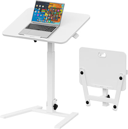 25 Inch Mobile Foldable Standing Desk, 180° Tiltable Portable Rolling Laptop Table, Height Adjustable Sit-Stand Desk with Wheels, No Assembly Computer Workstation for Home Office, White