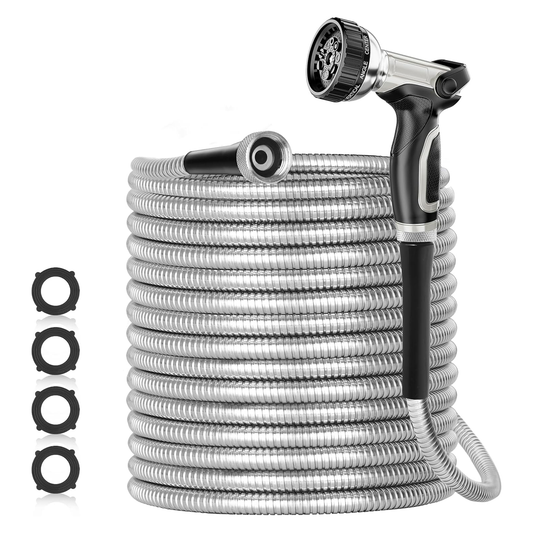 3/8" 304 Stainless Steel Garden Hose Metal with Nozzle, 25/50/75/100/125/150/175/200 Ft