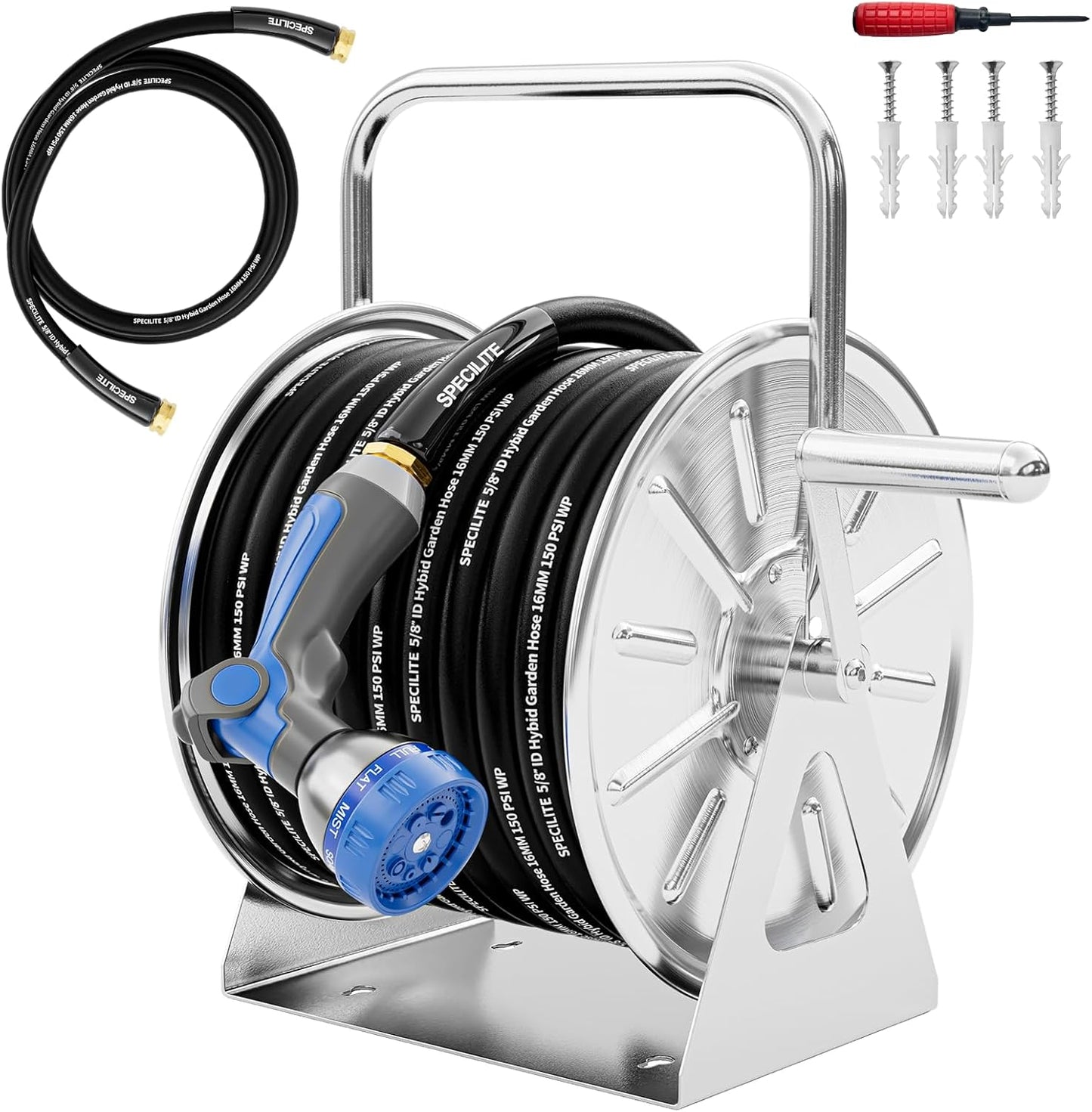 Stainless Steel Garden Hose Reel with 5/8" 75FT Hybrid Rubber Hose and 6FT Leader Pipe, Wall/Floor Metal Mounted Storage Spool, UV Resistant