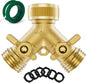 2 Way Full Brass Garden Hose Splitter with 6 Extra Rubber Washers, 1 Teflon Tape