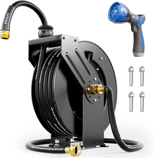 Retractable Hose Reel with 5/8'' Hot/Cold Garden Water Pipe 50ft, -50℉ -190℉, Heavy Duty Metal Wall Mount Spool, with 6ft Lead Hoses, Nozzle, 3/4'' Brass Fittings for Garage, Yard