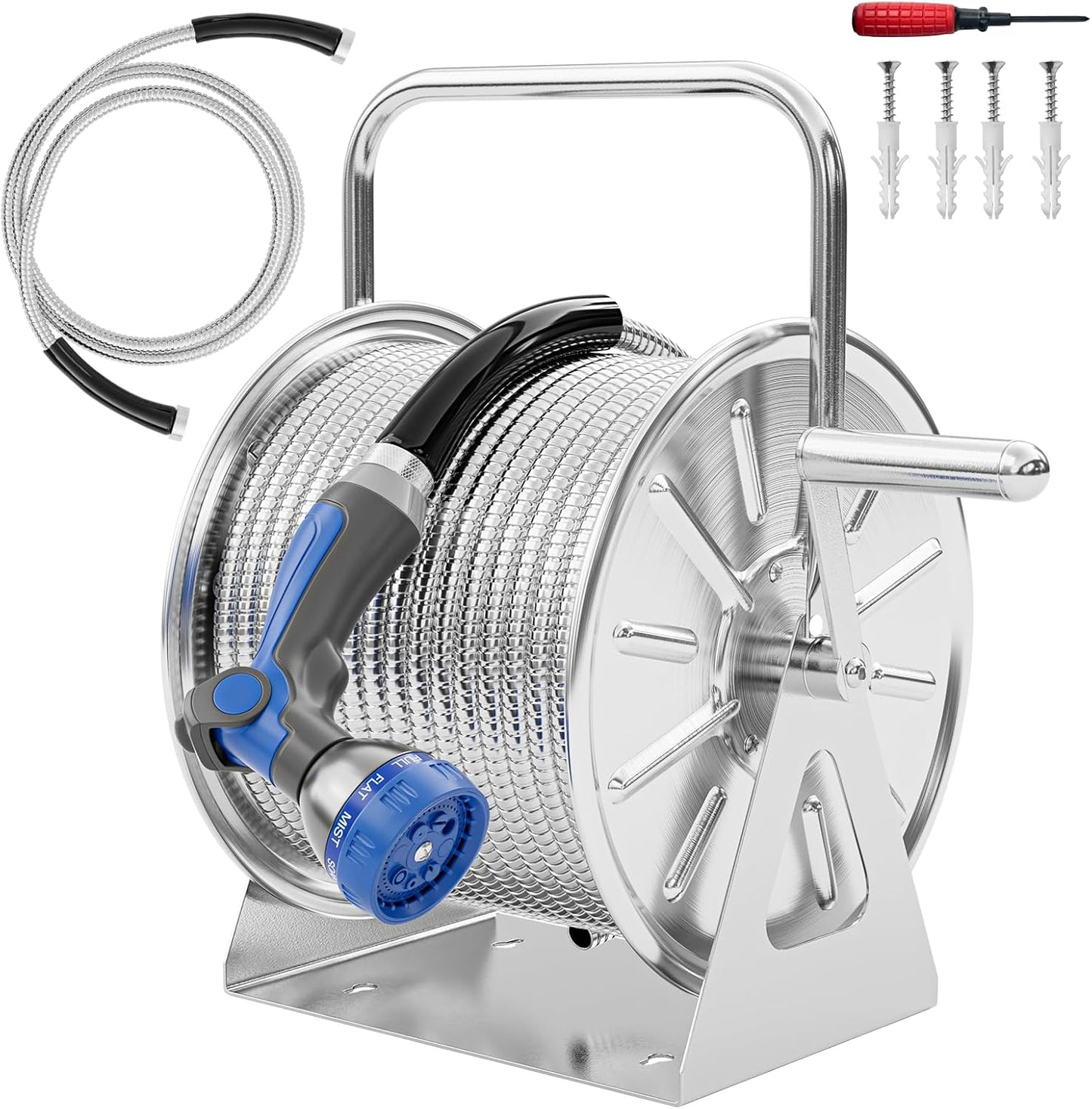 Stainless Steel Garden Hose Reel with 100FT Drinking Water Hose and 6.2FT Leader Pipe, Wall/Floor Mounted Metal Spool with Crank Handle, UV Resistant