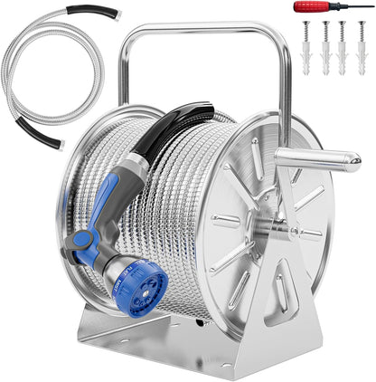 Stainless Steel Garden Hose Reel with 100FT Drinking Water Hose and 6.2FT Leader Pipe, Wall/Floor Mounted Metal Spool with Crank Handle, UV Resistant