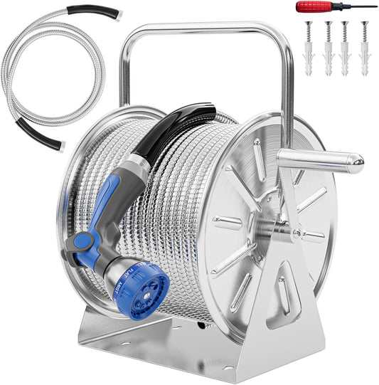Stainless Steel Garden Hose Reel with 100FT Drinking Water Hose and 6.2FT Leader Pipe, Wall/Floor Mounted Metal Spool with Crank Handle, UV Resistant