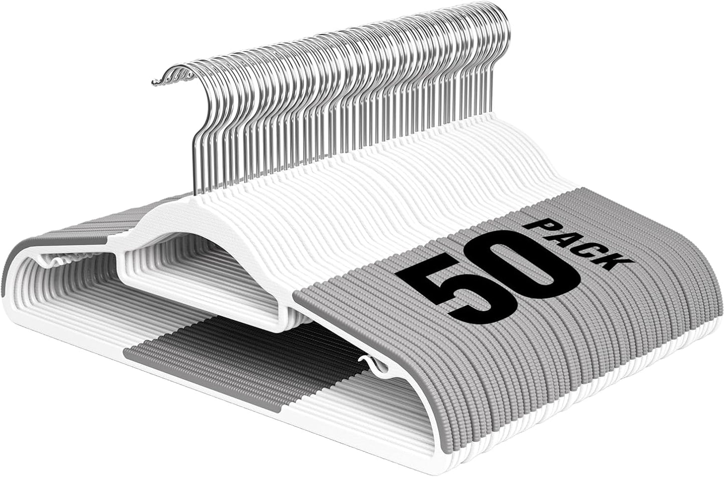 Plastic Hangers 50 Pack, 16.5 in Heavy Duty Clothes Hangers with 360° Swivel Hook, Non-Slip Bar & 0.2" Ultra-Slim Space-Saving Organizers for Coats, Pants, Suits, Shirts, White & Dark Gray