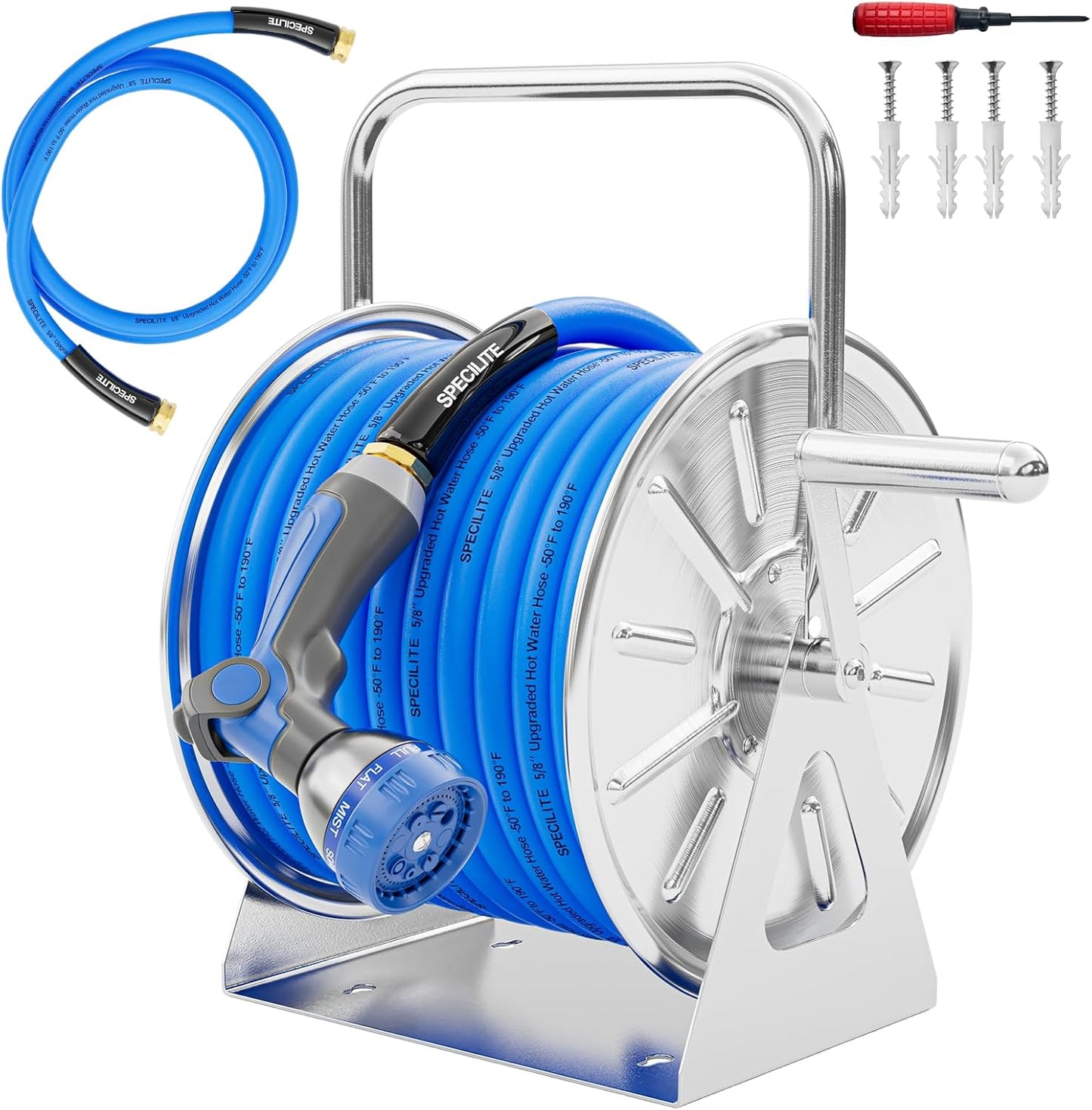 Stainless Steel Garden Hose Reel with 5/8'' x Hot/Cold 75 FT Water Hose and 6FT Leader Pipe, -50℉ -190℉, Wall/Floor Metal Mounted Spool Storage, UV Resistant