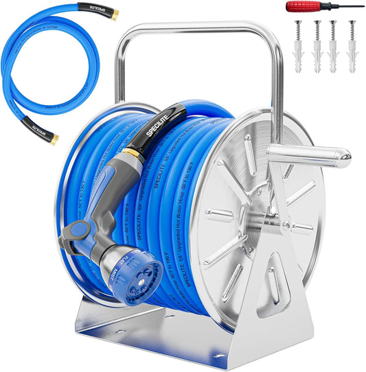 Stainless Steel Garden Hose Reel with 5/8'' x Hot/Cold 75 FT Water Hose and 6FT Leader Pipe, -50℉ -190℉, Wall/Floor Metal Mounted Spool Storage, UV Resistant