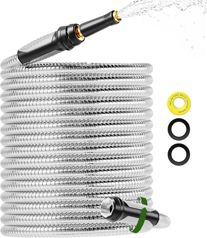 304 Stainless Steel Garden Hose, No Kink with Swivel Handle, Lightweight Metal Water Hose with Brass Adjustable Nozzle
