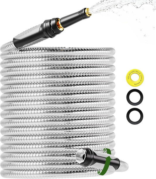 304 Stainless Steel Garden Hose, No Kink with Swivel Handle, Lightweight Metal Water Hose with Brass Adjustable Nozzle