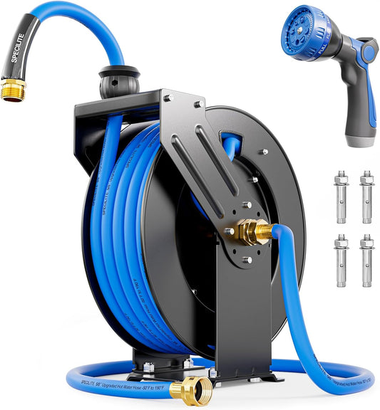 Retractable Hose Reel with 5/8'' Hot/Cold Garden Water Pipe 50ft and 6ft Lead Hoses, -50℉ -190℉, Heavy Duty Metal Wall Mount Spool