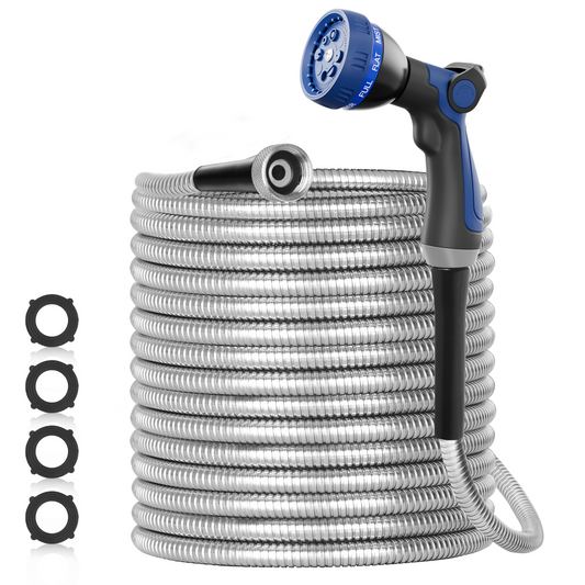 3/8" 304 Stainless Steel Garden Hose Metal with Nozzle, 25/50/75/100/125/150/175/200 Ft