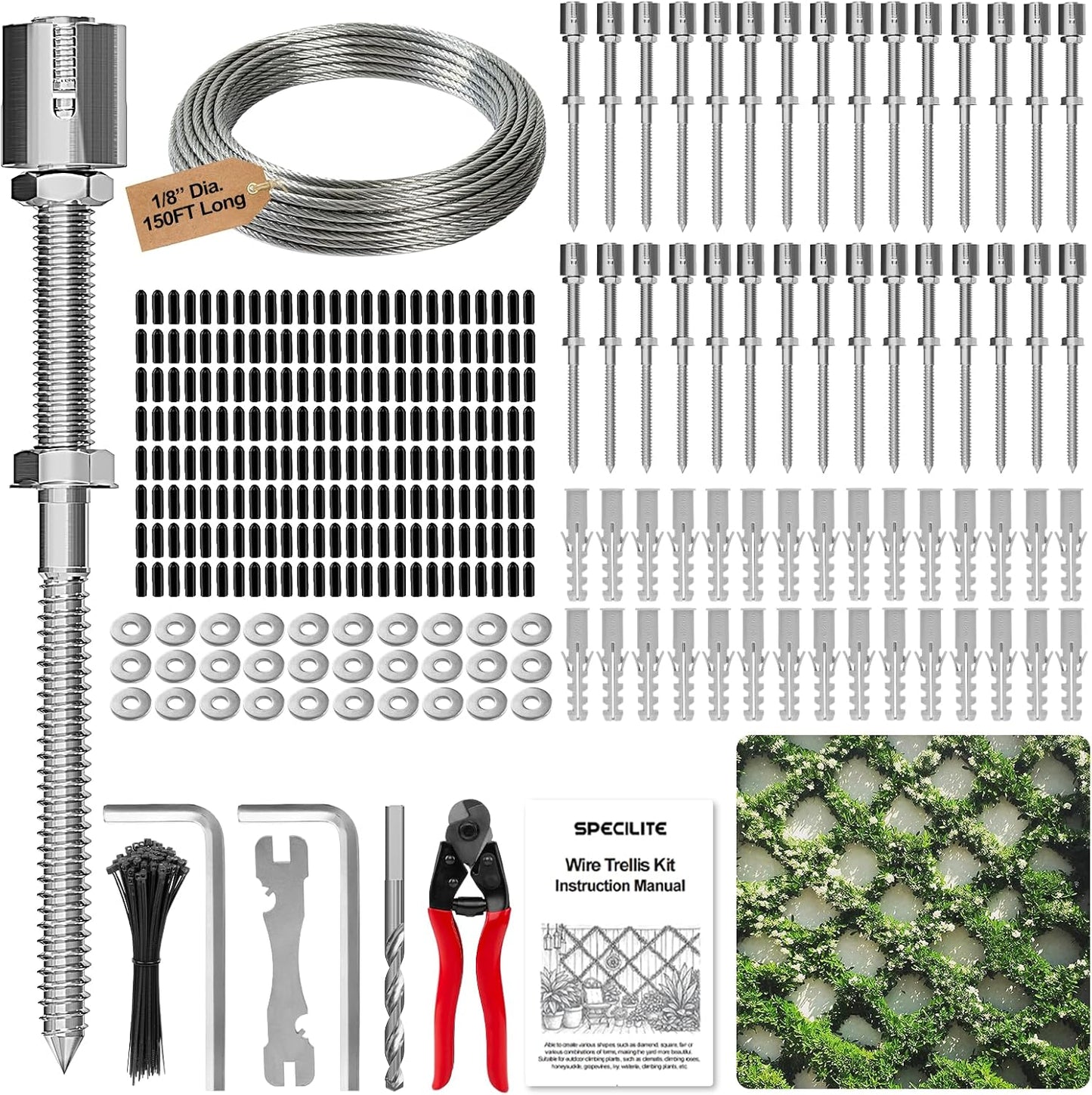 Wire Trellis for Climbing Plants Outdoor, 30-Set T316 Stainless Steel Kit, 1/8in x 150ft Ropes with Cable Cutter