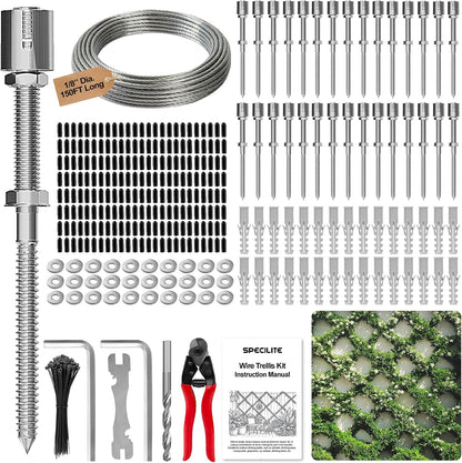 Wire Trellis for Climbing Plants Outdoor, 30-Set T316 Stainless Steel Kit, 1/8in x 150ft Ropes with Cable Cutter