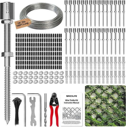 Wire Trellis for Climbing Plants Outdoor, 30-Set T316 Stainless Steel Kit, 1/8in x 150ft Ropes with Cable Cutter