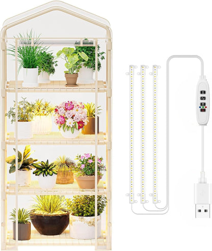 4 Tiers Indoor/Outdoor Mini Greenhouse with Zip, PVC Cover and Dimmable 45W Full Spectrum Plant Light with Timer