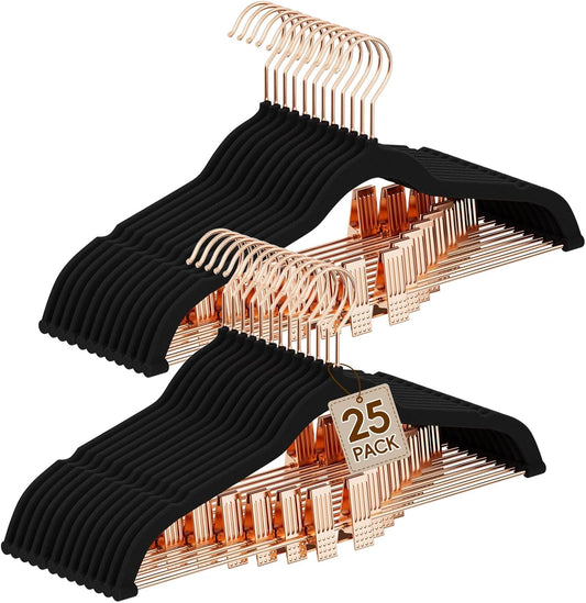 Velvet Hangers with Adjustable Clips 25 Pack, Space Saving, Non-Slip Slim Felt Clothes Hangers for Pants, Skirts, Dress, Suits, Heavy Duty Rose Gold Metal Hanger with 360° Swivel Hook