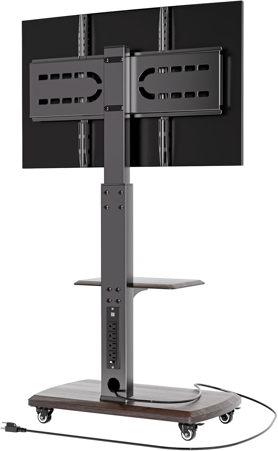 Rolling TV Stand with Power Outlet, Moveable TV Cart with Shelf for 32 to 80 inch TVs up to 131lbs, Height Adjustable, Portable Mobile TV Stand on Wheels for Living Room, Bedroom, Office, Brown