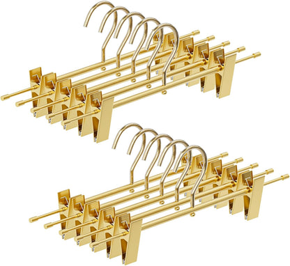 10-Pack Matte Gold Aluminum Pants Hangers with 2 Adjustable Clips & 360° Swivel Hooks, Lightweight & Sturdy, Non-Slip Rubber Pads