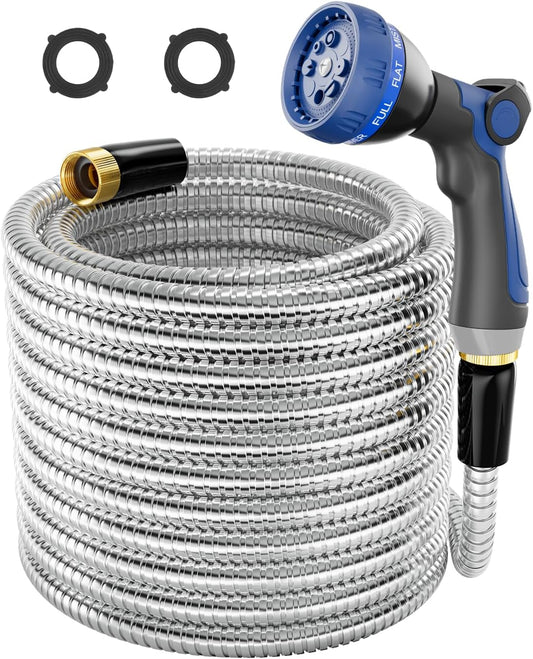 1/2" 304 Stainless Steel Garden Hose with Heavy Duty Metal Nozzle, Flexible, Never Kink & Tangle, Puncture Resistant