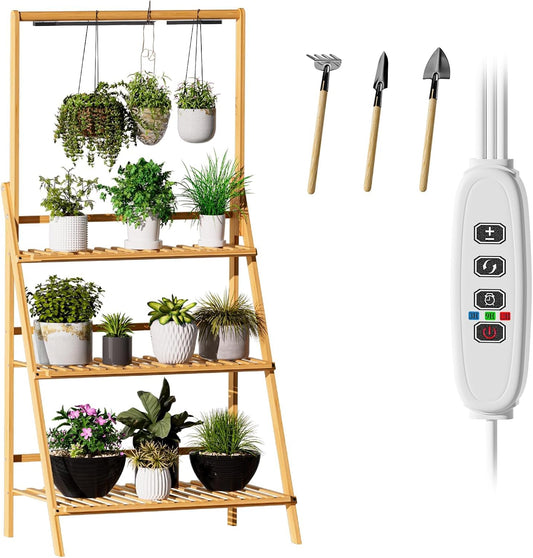 Foldable Plant Stand with Grow Light, 3-Tier Bamboo Hanging Plant Shelf