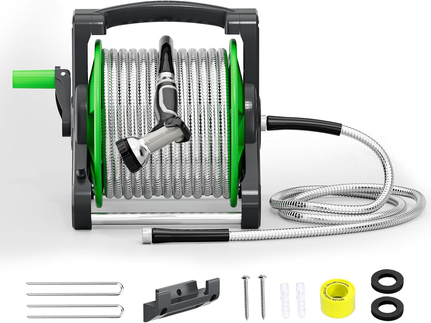 Portable Garden Hose Reel with 75ft 304 Stainless Steel Water Pipe, 6.5Ft Guide Water Pipe, Wall Mount/Floor Spool