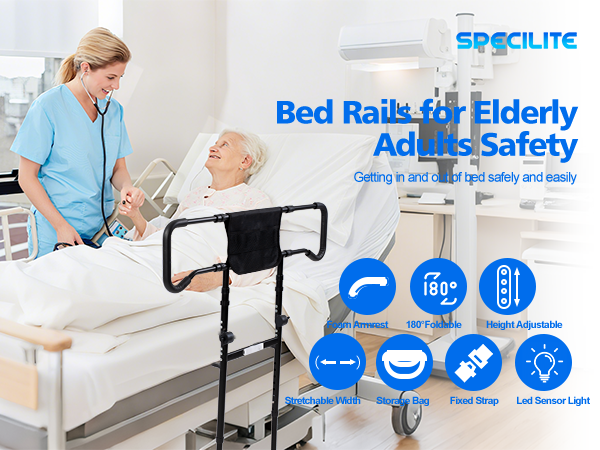 SPECILITE Bed Rails for Elderly Adults Safety, Adjustable Bed Assist Rail for Seniors, Grab Bar Bed Handrails with Storage Pocket, Motion Sensor Light, Fits King, Queen, Full, Twin, Black