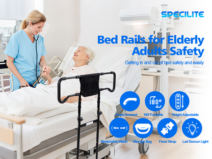 SPECILITE Bed Rails for Elderly Adults Safety, Adjustable Bed Assist Rail for Seniors, Grab Bar Bed Handrails with Storage Pocket, Motion Sensor Light, Fits King, Queen, Full, Twin, Black