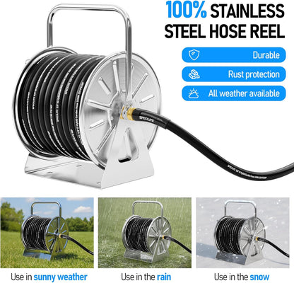 Stainless Steel Garden Hose Reel with 5/8" 75FT Hybrid Rubber Hose and 6FT Leader Pipe, Wall/Floor Metal Mounted Storage Spool, UV Resistant