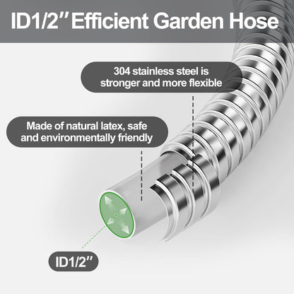 1/2" 304 Stainless Steel Garden Hose with Heavy Duty Metal Nozzle, Flexible, Never Kink & Tangle, Puncture Resistant