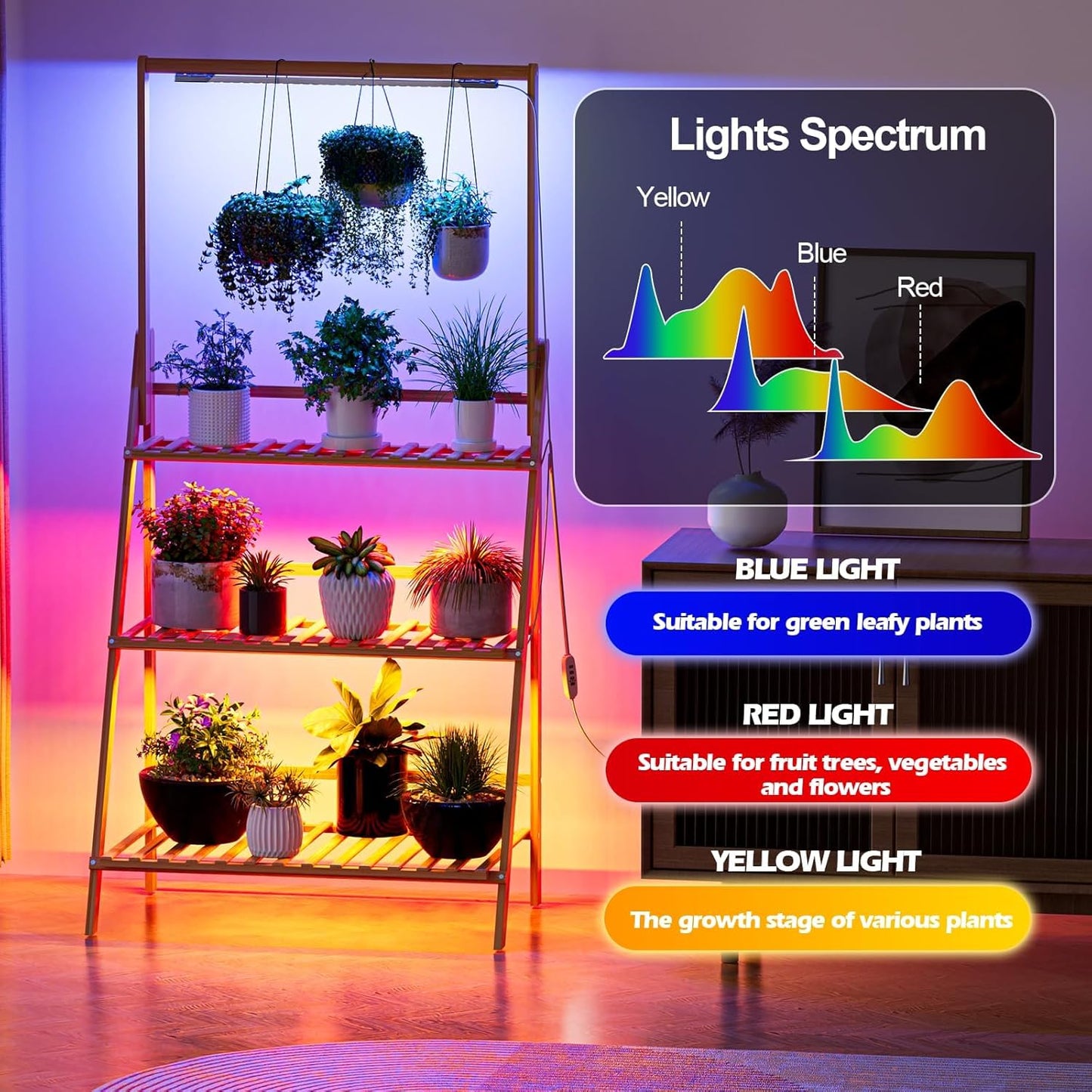 Foldable Plant Stand with Grow Light, 3-Tier Bamboo Hanging Plant Shelf