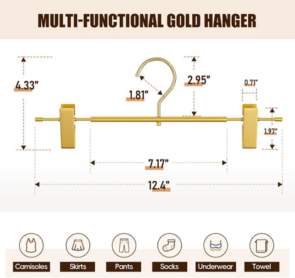 10-Pack Matte Gold Aluminum Pants Hangers with 2 Adjustable Clips & 360° Swivel Hooks, Lightweight & Sturdy, Non-Slip Rubber Pads