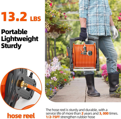 Portable Garden Hose Reel with 75Ft Rubber Water Hose & 6.5Ft Guide Water Pipe, Wall Mount/Floor Spool