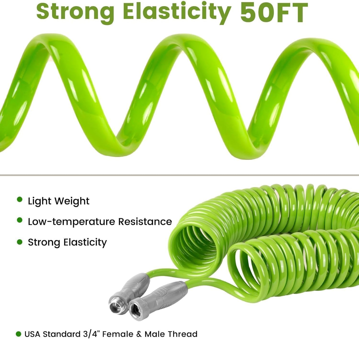 SPECILITE 1/2” Polyurethane Coil Garden Hose 50 FT, PU Flexible Recoil Water Hoses with 6-Pattern Spray Nozzle