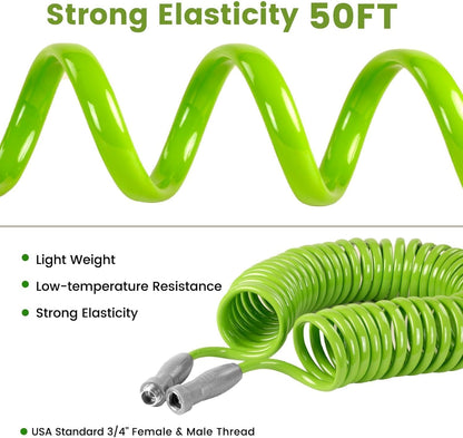 SPECILITE 1/2” Polyurethane Coil Garden Hose 50 FT, PU Flexible Recoil Water Hoses with 6-Pattern Spray Nozzle