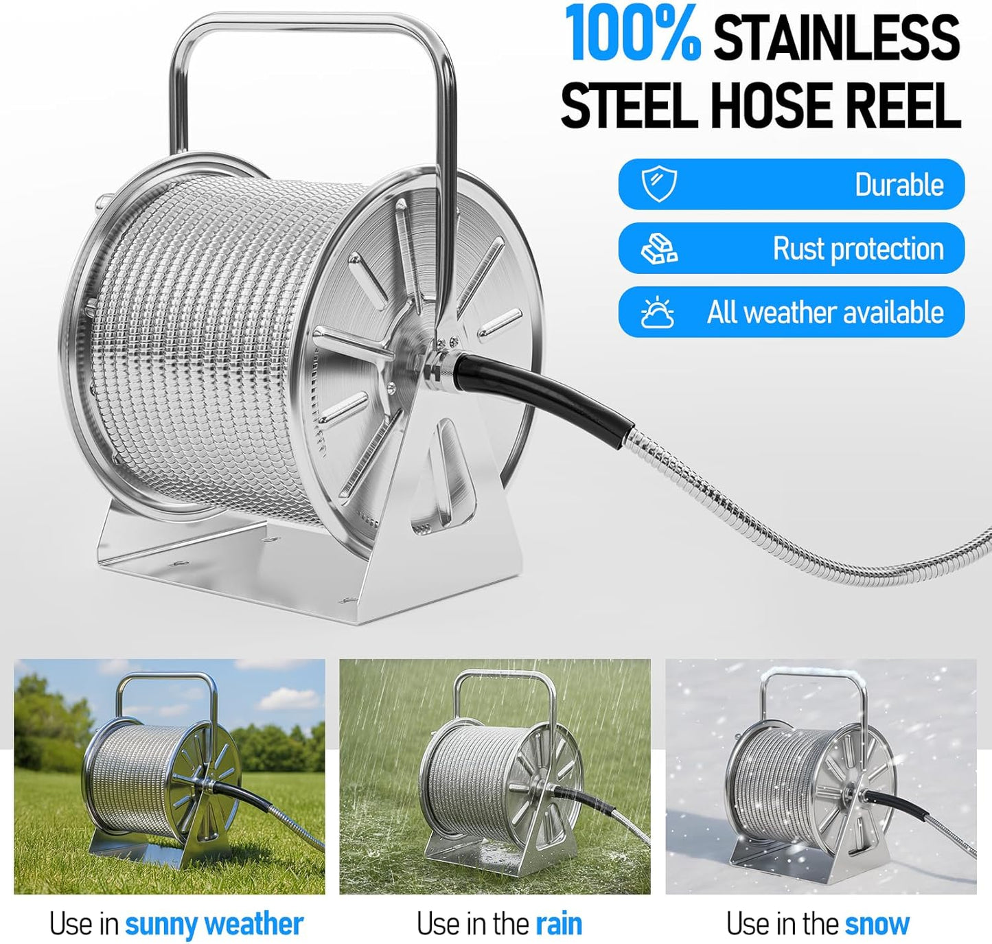 Stainless Steel Garden Hose Reel with 100FT Drinking Water Hose and 6.2FT Leader Pipe, Wall/Floor Mounted Metal Spool with Crank Handle, UV Resistant