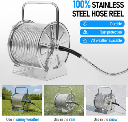 Stainless Steel Garden Hose Reel with 100FT Drinking Water Hose and 6.2FT Leader Pipe, Wall/Floor Mounted Metal Spool with Crank Handle, UV Resistant