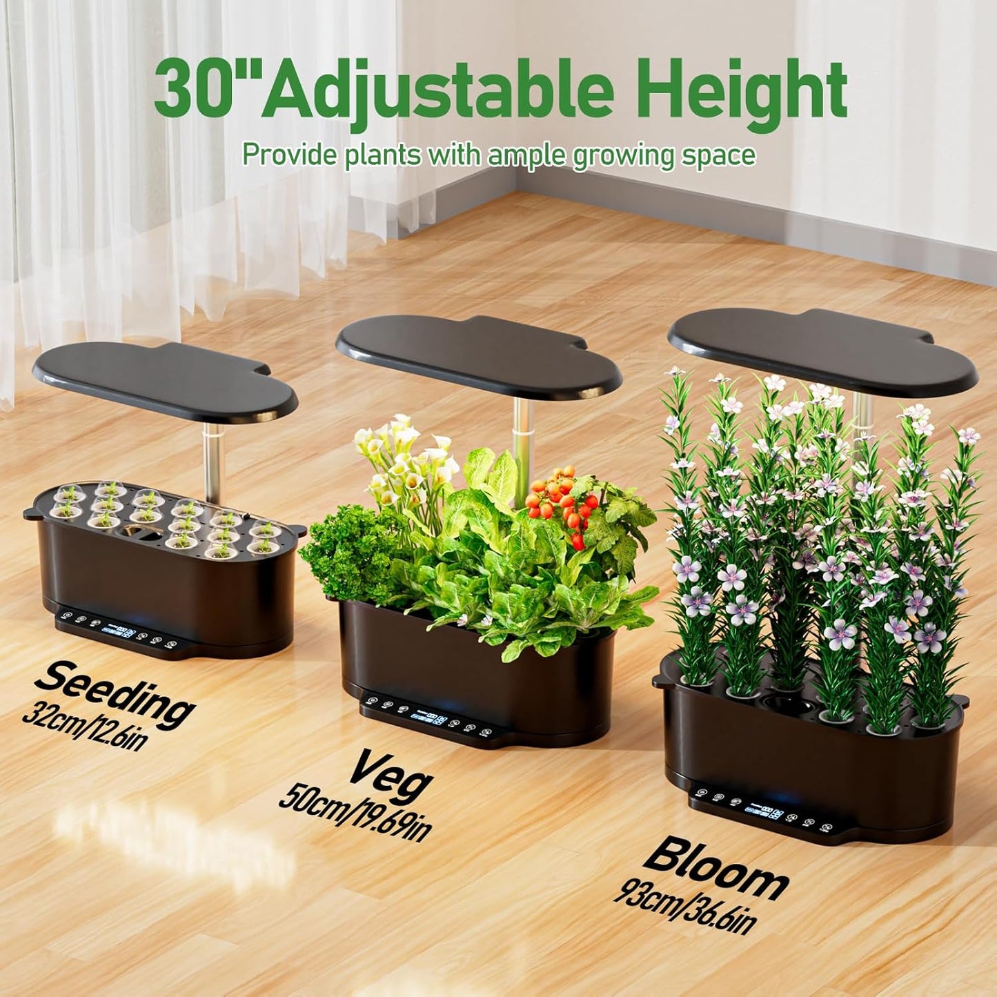 Hydroponics Growing System Kit with 30” Height, 15 Pods, 36W Grow Light, Auto Timer & Pump System, APP & WiFi Controlled