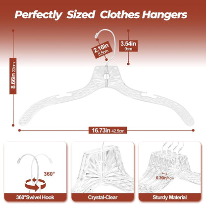 Clear Plastic Hangers 12 Pack, Durable Crystal Heavy Duty Clothes Hangers with Non-Slip Notches & 360° Swivel Hook, Space Saving, Ideal for Coats, Suits, Dresses, Shirts