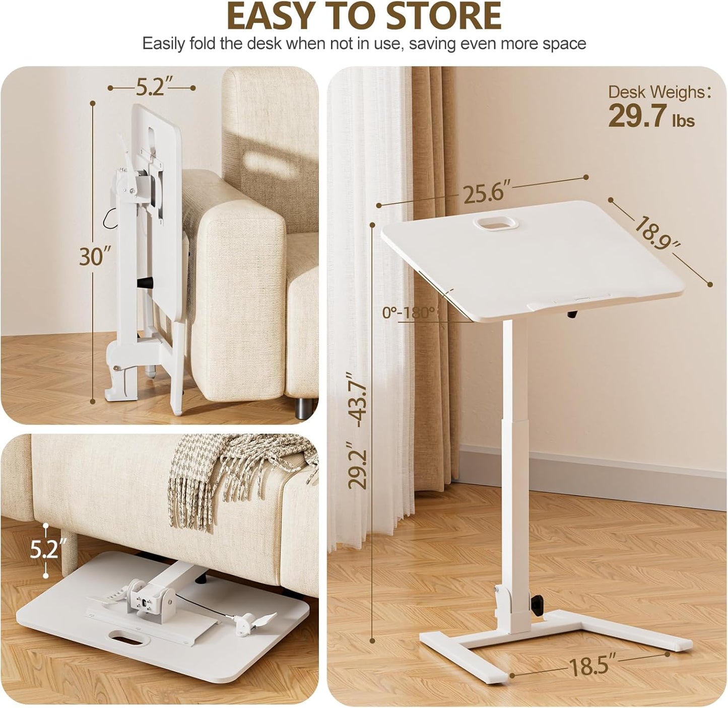 25 Inch Mobile Foldable Standing Desk, 180° Tiltable Portable Rolling Laptop Table, Height Adjustable Sit-Stand Desk with Wheels, No Assembly Computer Workstation for Home Office, White