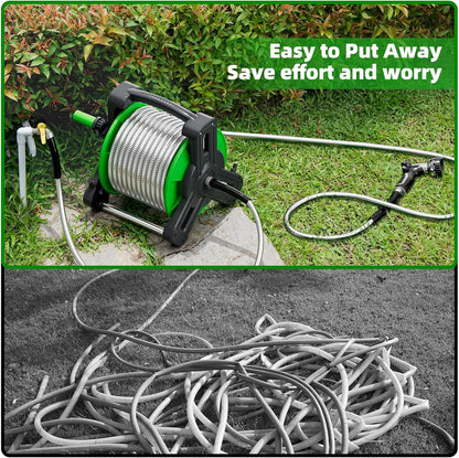 Portable Garden Hose Reel with 75ft 304 Stainless Steel Water Pipe, 6.5Ft Guide Water Pipe, Wall Mount/Floor Spool
