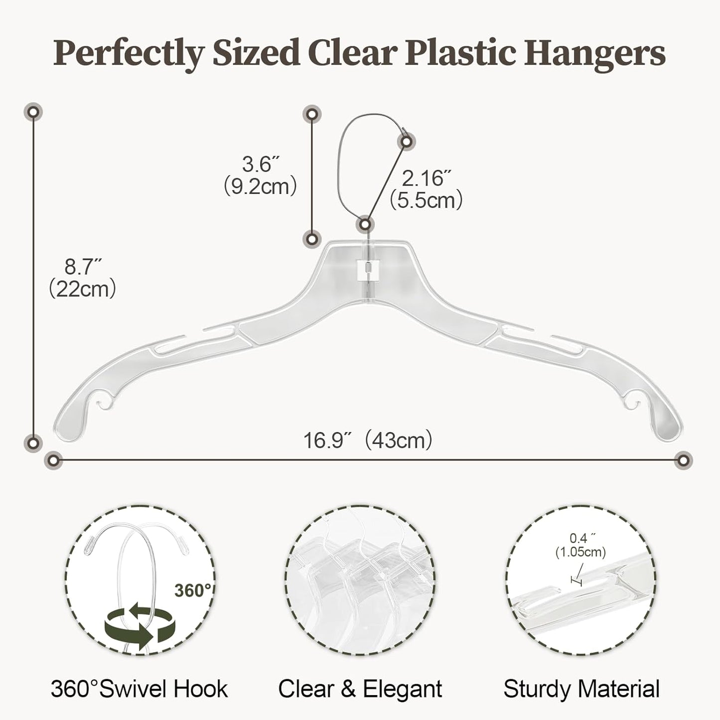 Clear Plastic Hangers 12 Pack, Heavy Duty Clothes Hangers with 360° Swivel Hook, 2.1" Ultra-Wide Non-Slip Notches & Non-Slip Grips for Dresses, Shirts, Coats, Suits
